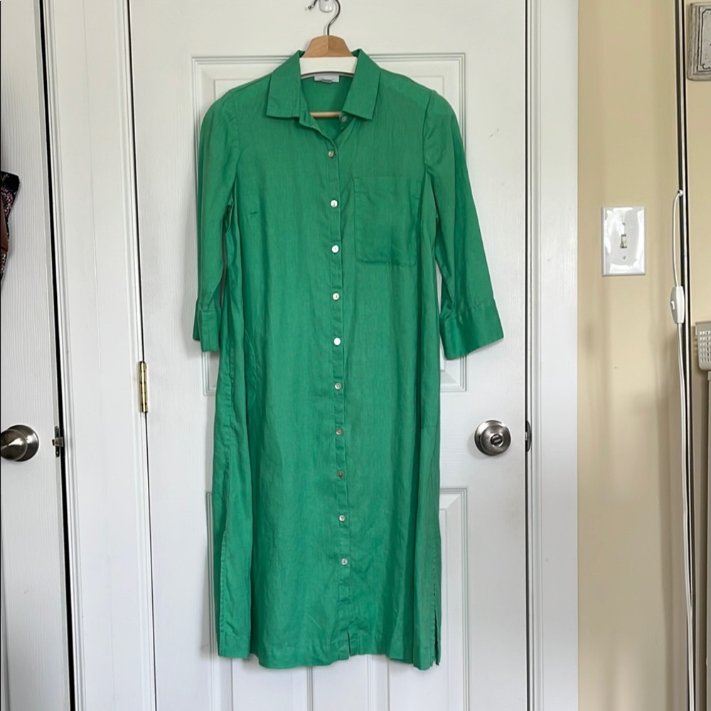 J. Jill 100% Linen Green Polo Collar 3/4 Sleeve Shirt Dress